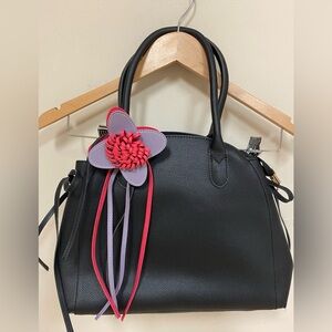 Mellow World Handbag Purse Black Vegan Leather Flower Accent medium size